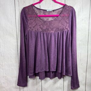 Kimchi Blue Babydoll Lace Top Purple Pleated Long Sleeve Boho Soft Relaxed Fit